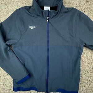 Speedo Jacket Full Zip Gray Large Stretch W Pockets Blue Accents Lined Youth